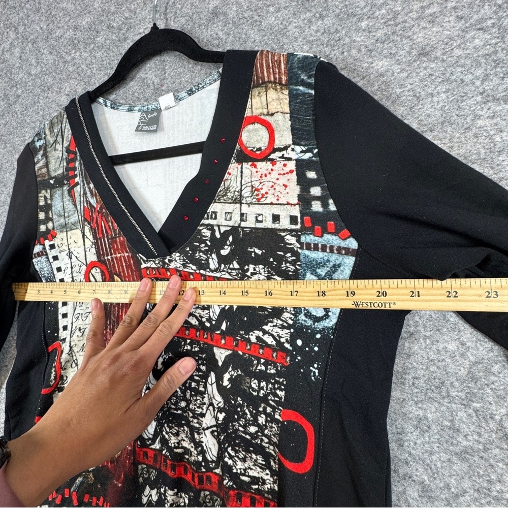 Dolcezza Simply Art Top Size L Abstract Print V Neck Tunic Shirt - Picture 11 of 16